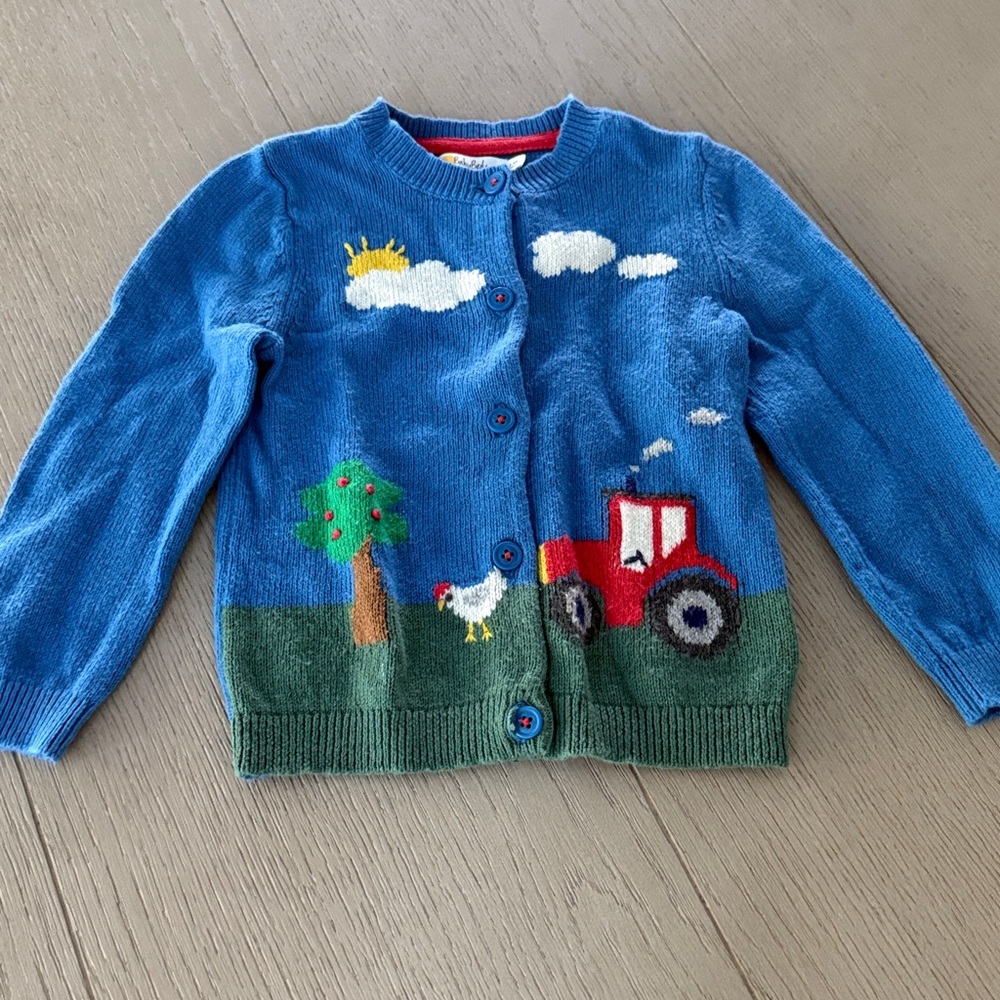 Baby Boden Blue Cardigan with Farm Design